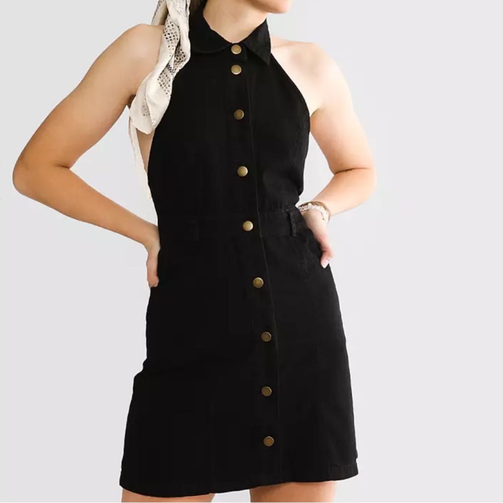 NWT Free People Sz L Sami Denim Mini Dress in Washed Black